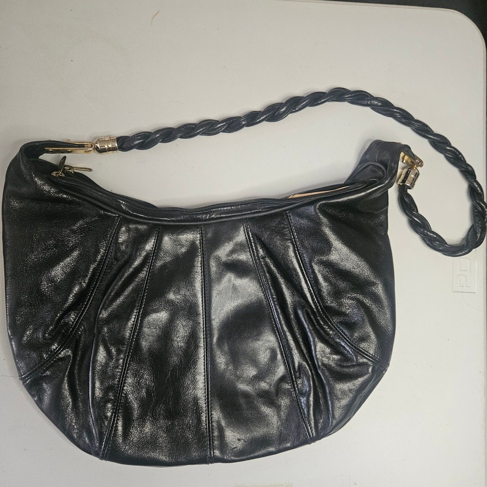 Vintage Black Leather Pleated Fan Hobo Bag‎ Braided Strap Gold Hardware YKK Zip